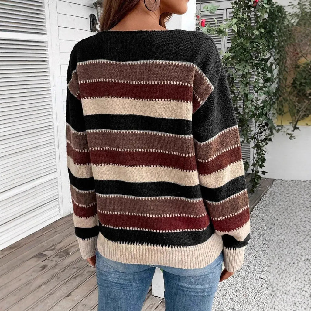 Women's colourblock striped pullover sweater with long sleeves in polyester fabric