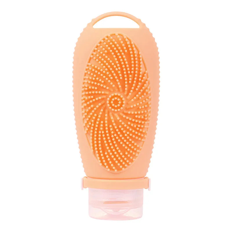 Creative silicone bath brush storage bottle in various colours including pink, sea blue and light grey.