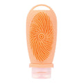 Creative silicone bath brush storage bottle in various colours including pink, sea blue and light grey.