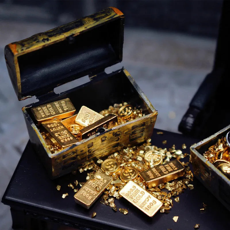 Alloy treasure box doll house accessory with gold coins and bars for miniature displays