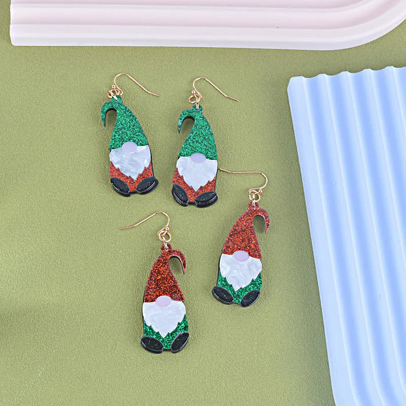 Santa Claus cartoon character acrylic fashion earrings in red, green, and mixed colour styles.