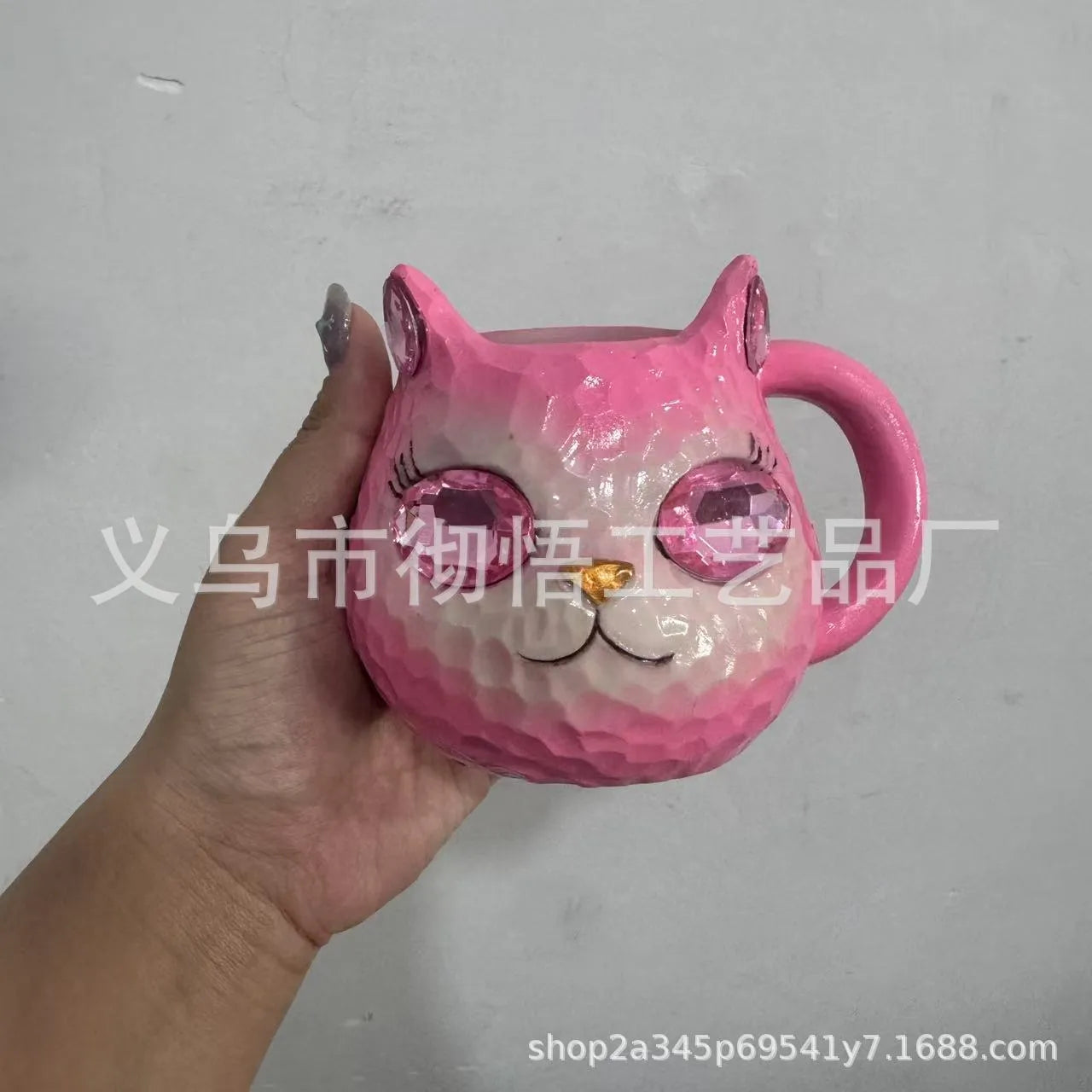 Resin crystal earth cat cup craft ornament in blue, green, pink or purple for promotional gifting.