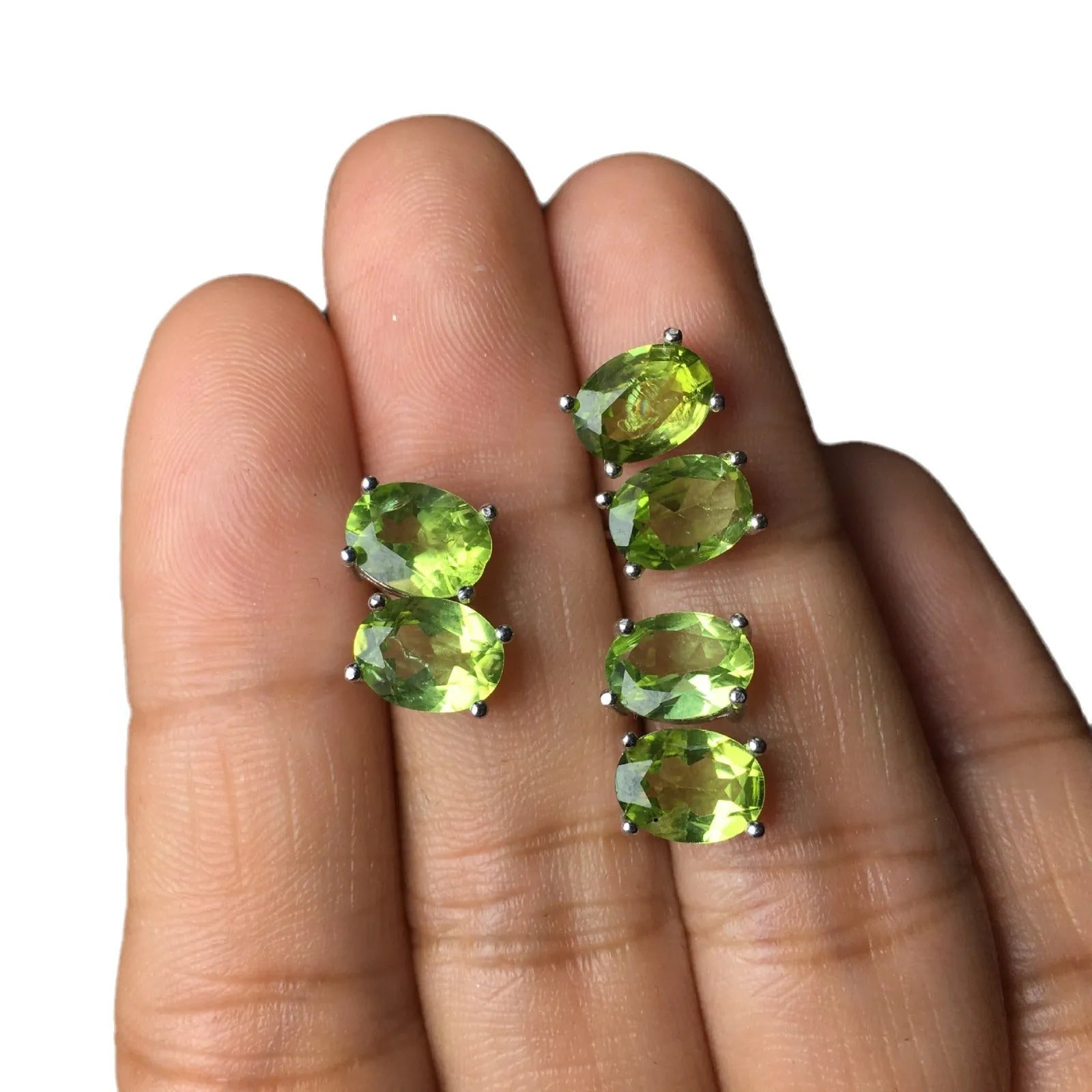 Natural olivine stud earrings in S925 silver with 6×8mm grass green faceted stones
