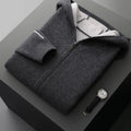 Men's dark blue cashmere half-high collar zipper cardigan sweater with thickened knit construction
