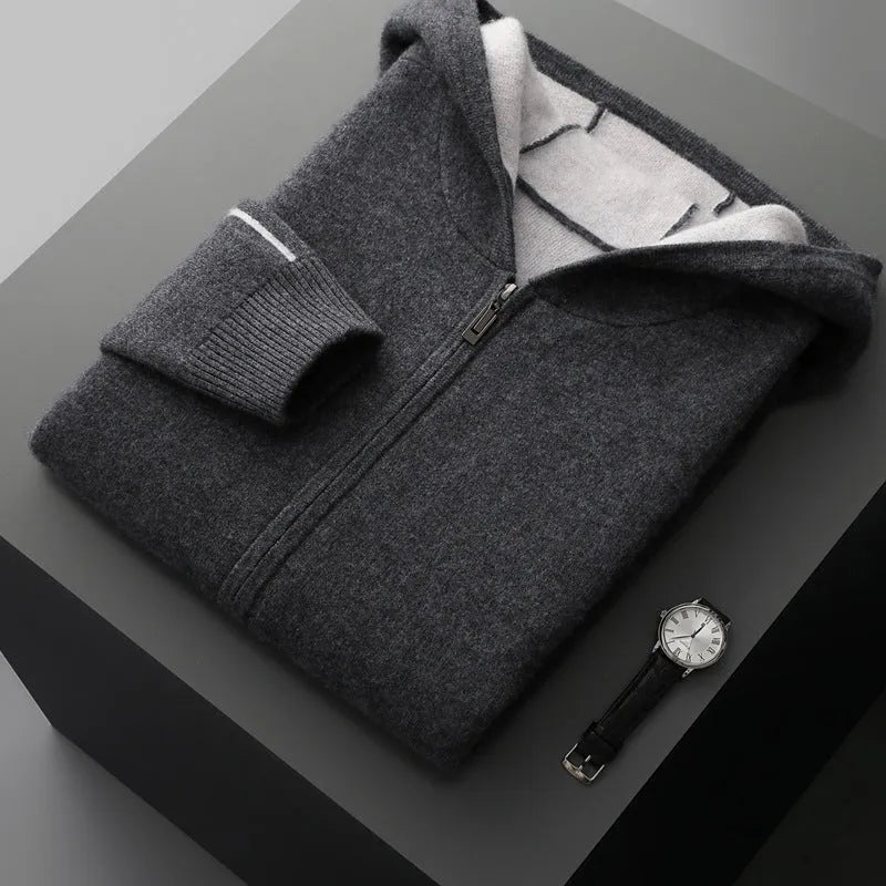 Men's dark blue cashmere half-high collar zipper cardigan sweater with thickened knit construction