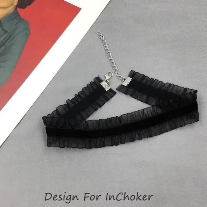 Velvet ruffled alloy necklace with snake bone chain and flower pendant in light coffee