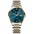 Men's simple dial automatic watch with stainless steel bracelet on a wrist.