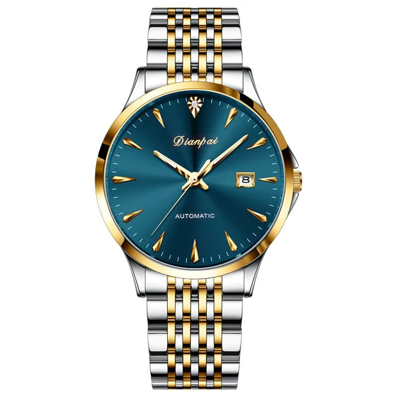 Men's simple dial automatic watch with stainless steel bracelet on a wrist.