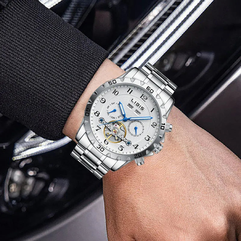 Men's silver stainless steel automatic watch with perpetual calendar function and sapphire crystal glass