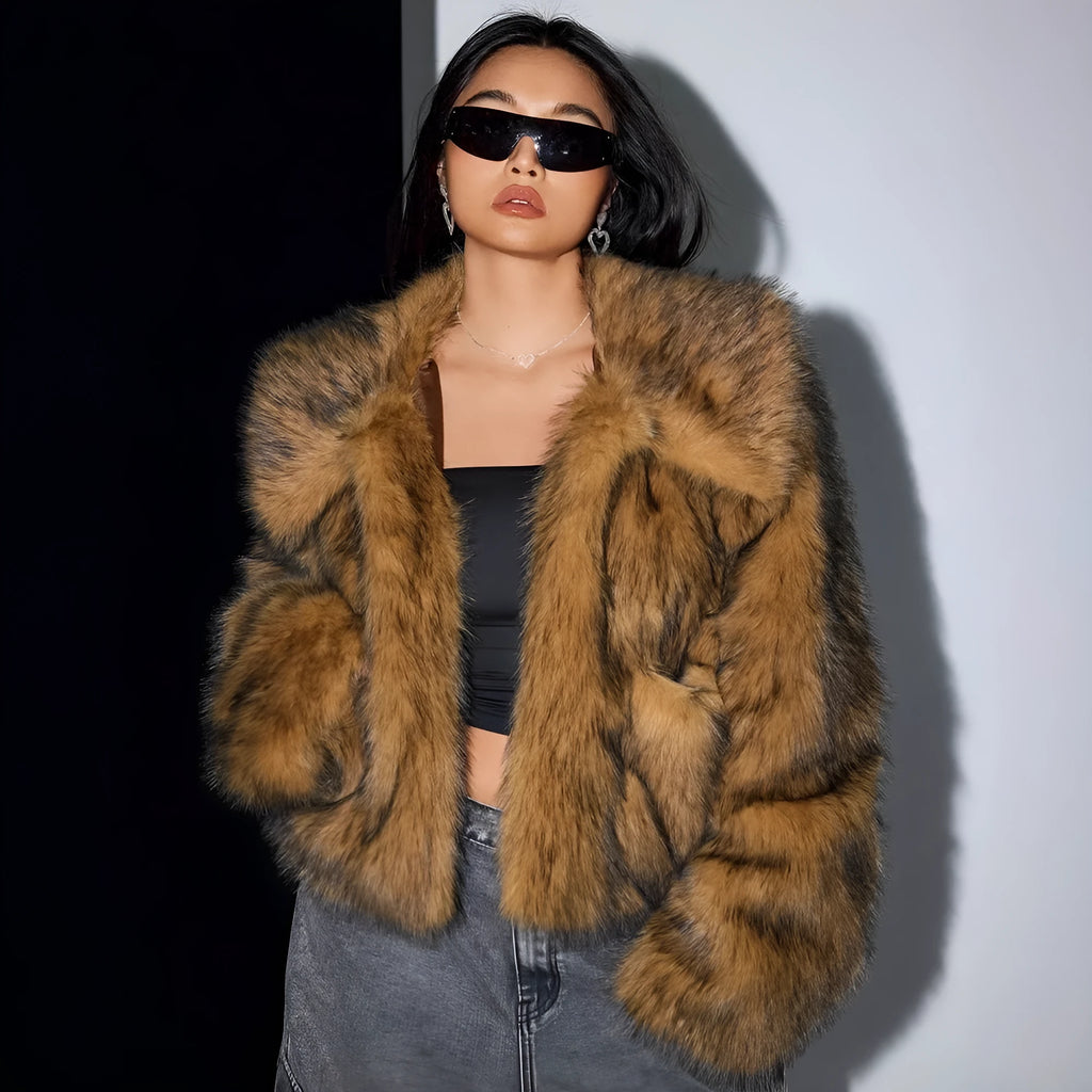 Artificial fur coat with fur collar and long sleeves in multiple colour options