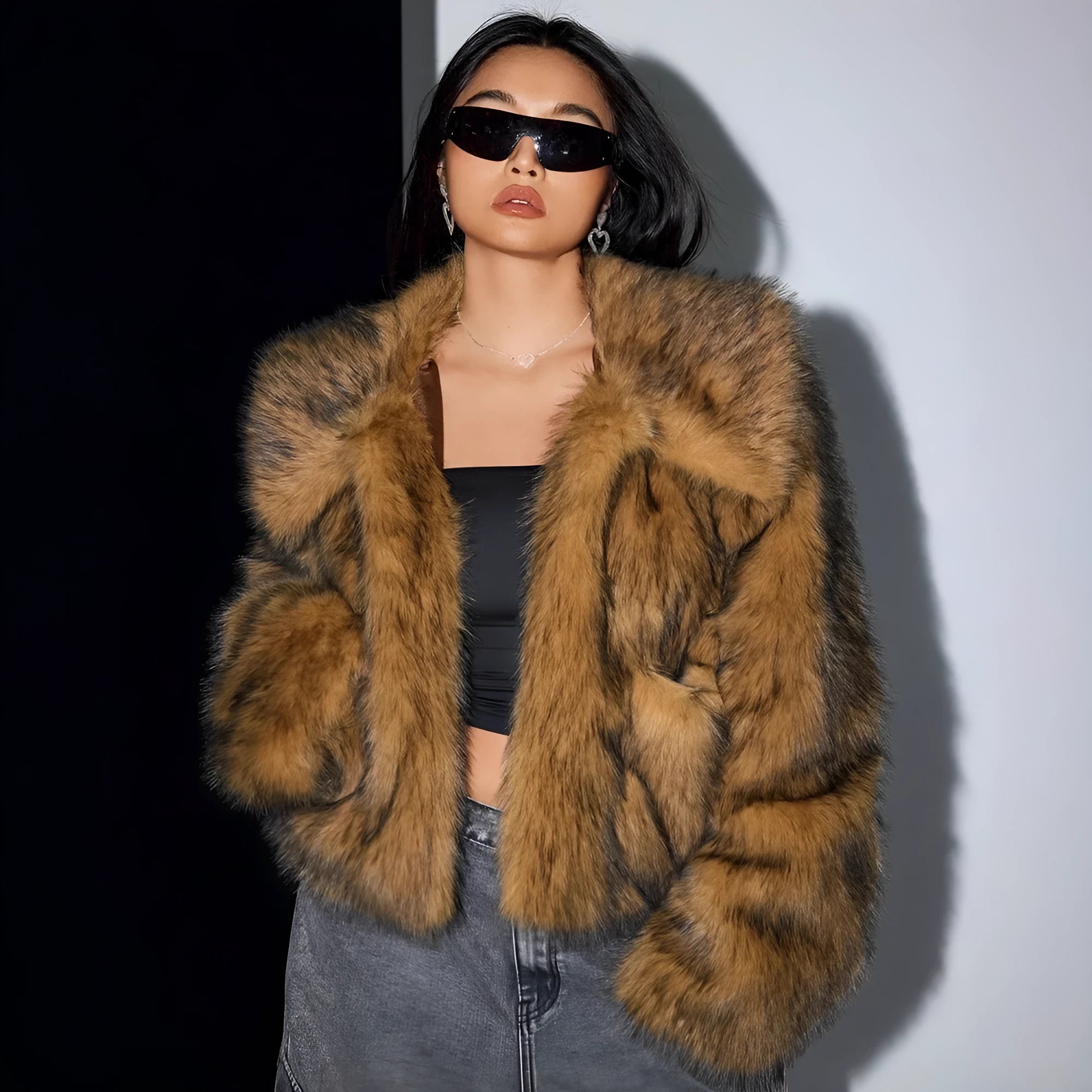 Artificial fur coat with fur collar and long sleeves in multiple colour options