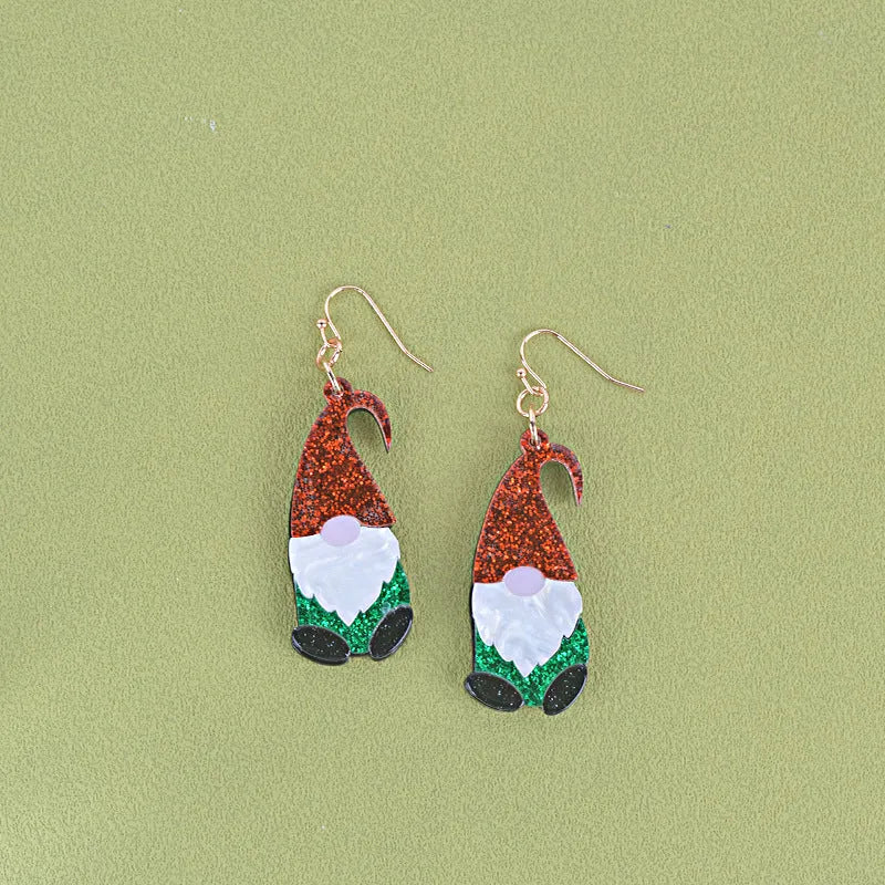 Santa Claus cartoon character acrylic fashion earrings in red, green, and mixed colour styles.