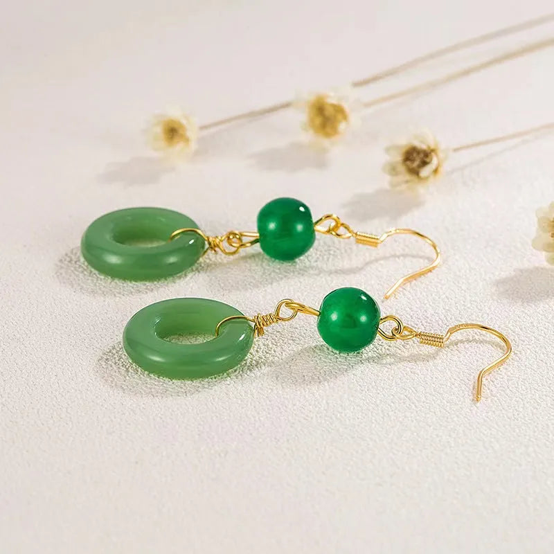 Green jade design geometric peace buckle earrings for Chinese traditional clothing