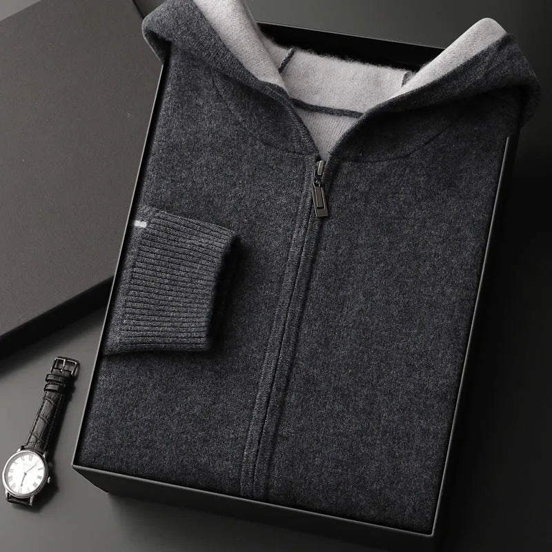 Men's dark blue cashmere half-high collar zipper cardigan sweater with thickened knit construction