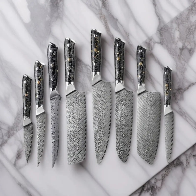 Damascus steel kitchen knife set showing eight knives with fishbone pattern blades, including chef, boning, and fruit knives.
