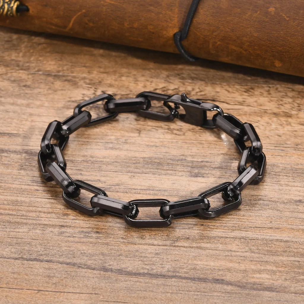 Titanium steel men's bracelet with square chain links in steel, gold, black, or retro finish.