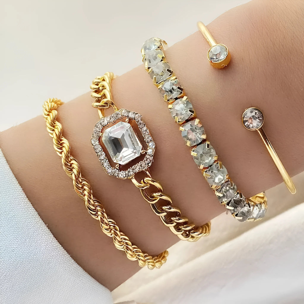 Women's retro geometric alloy bracelet set with square diamond charms and metal chain links