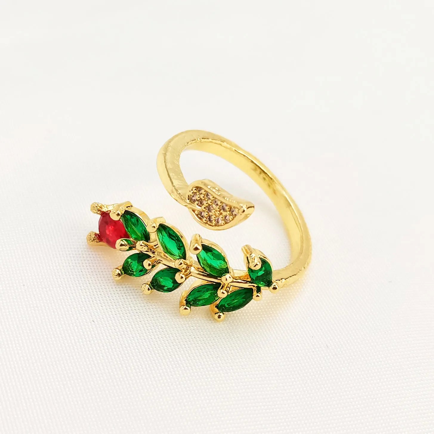 Copper open ring for women with micro inlaid leaf geometric design or solid pink finish.
