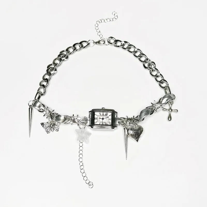 Dark electroplated women's cross necklace with multi-layer hemp flowers chain, adjustable 41-50cm