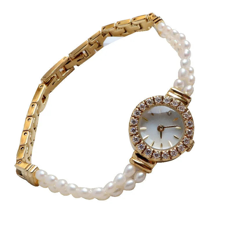 Women's light gold freshwater pearl bracelet watch with round 18mm dial