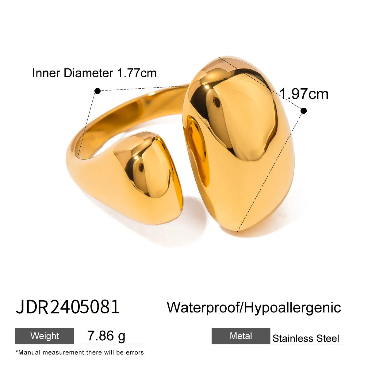 Women's stainless steel geometric open ring with exaggerated shape and electroplated finish