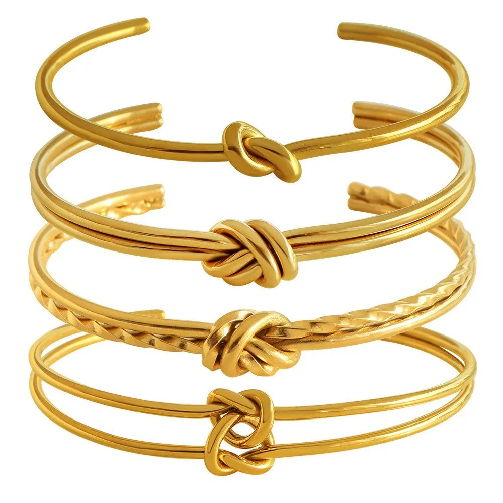 Women's adjustable C-shaped open bracelet with double-layer knotted design in gold or silver finish