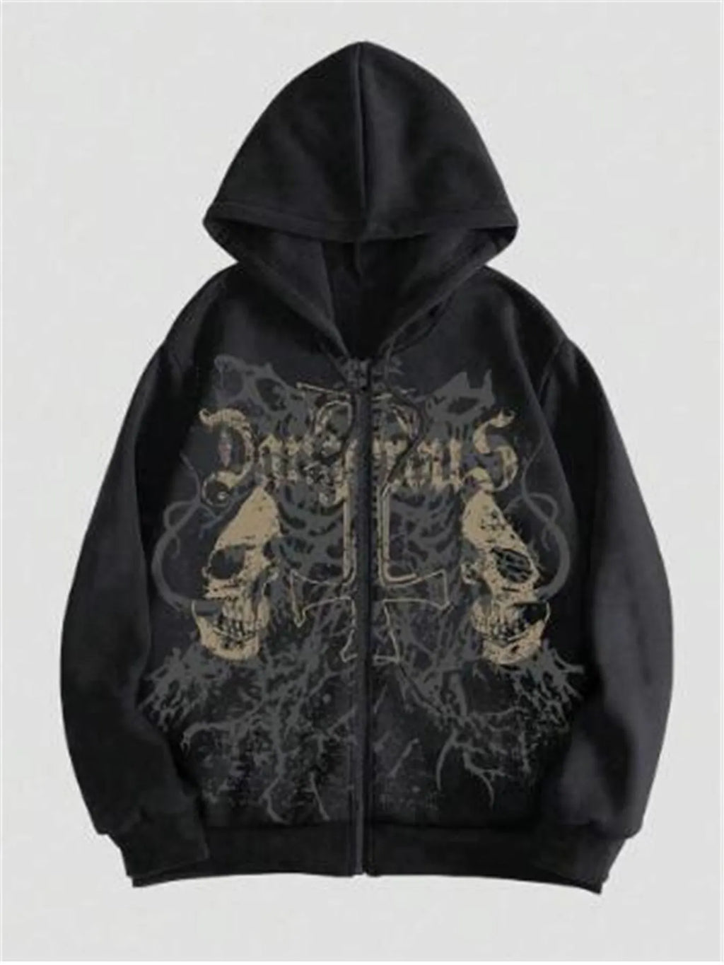Men's black hooded sweatshirt with skull hot stamp pattern and long sleeves