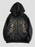 Men's black hooded sweatshirt with skull hot stamp pattern and long sleeves