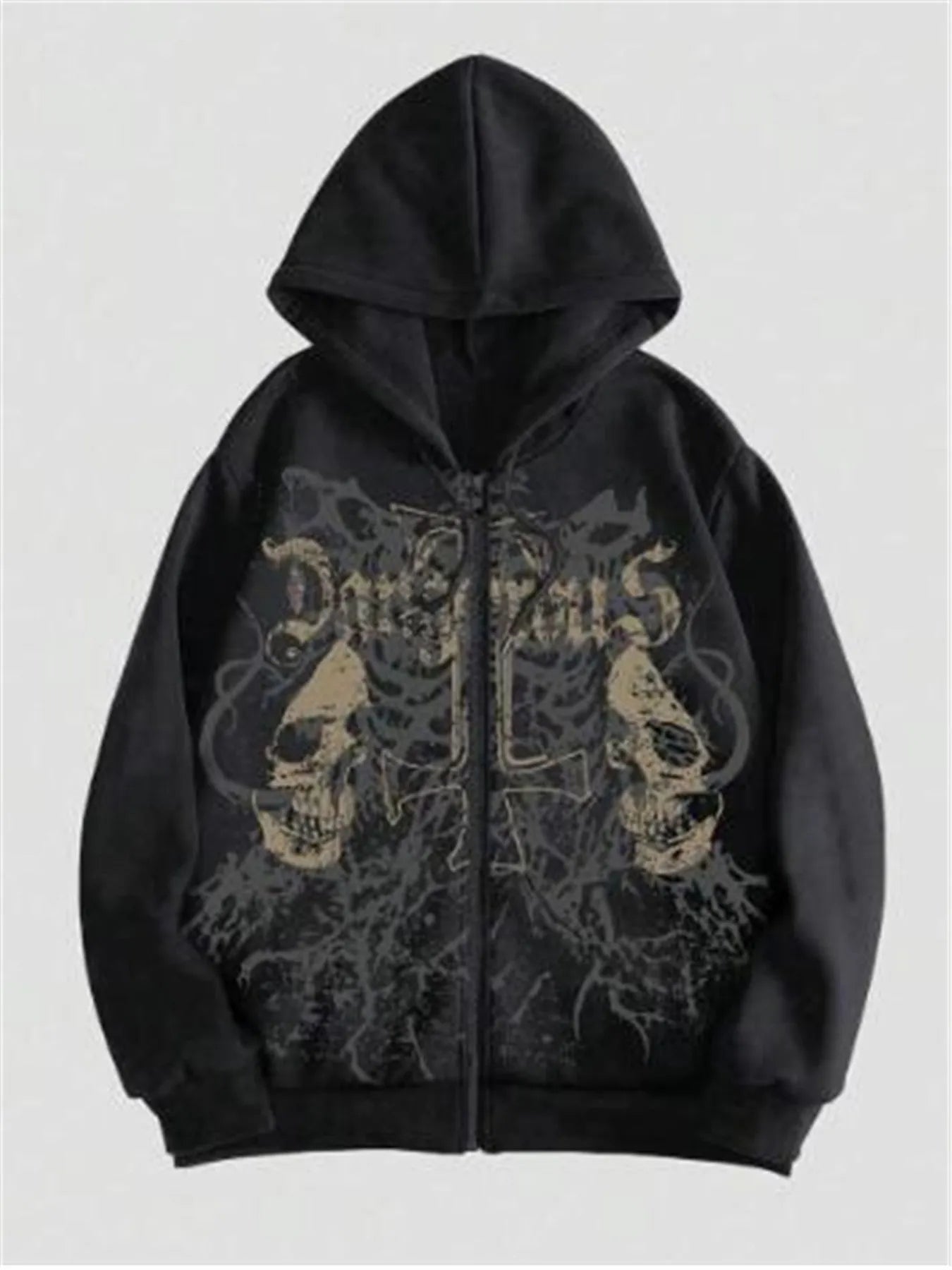 Men's black hooded sweatshirt with skull hot stamp pattern and long sleeves