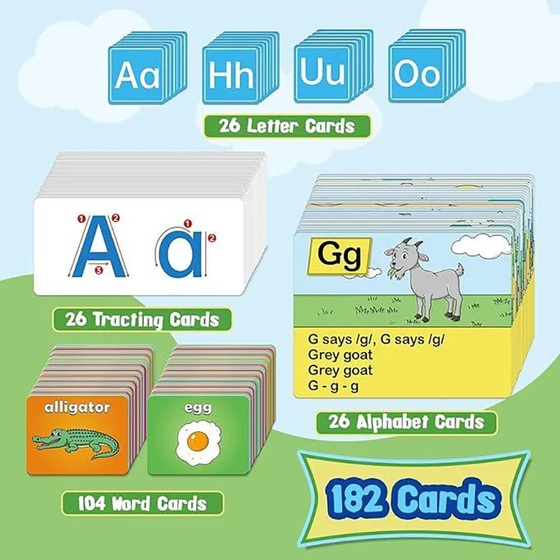 Alphabet learning chart with 156 educational cards arranged on 60x40cm surface