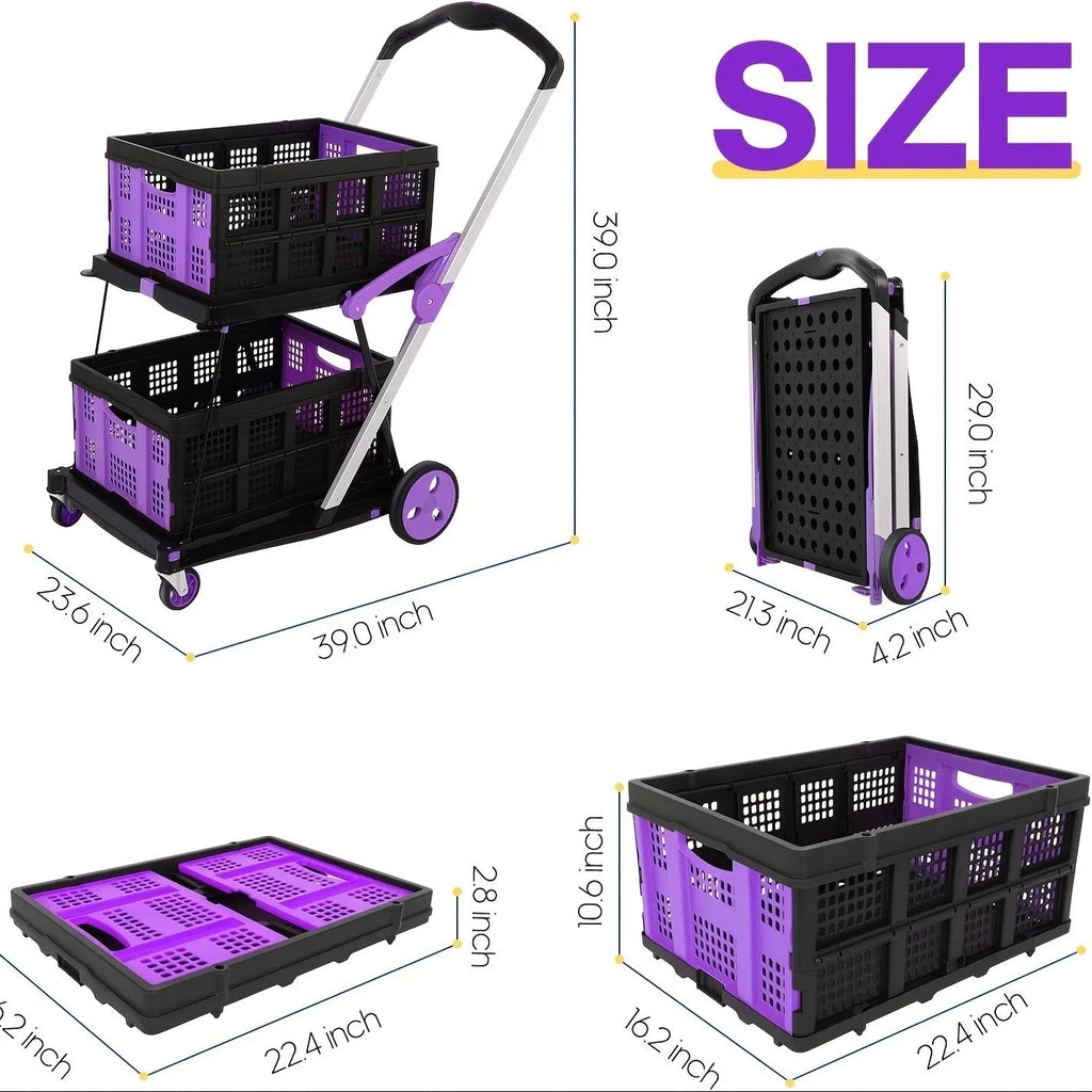 Foldable plastic shopping cart with double-layer basket in blue, purple, pink, or red colour options