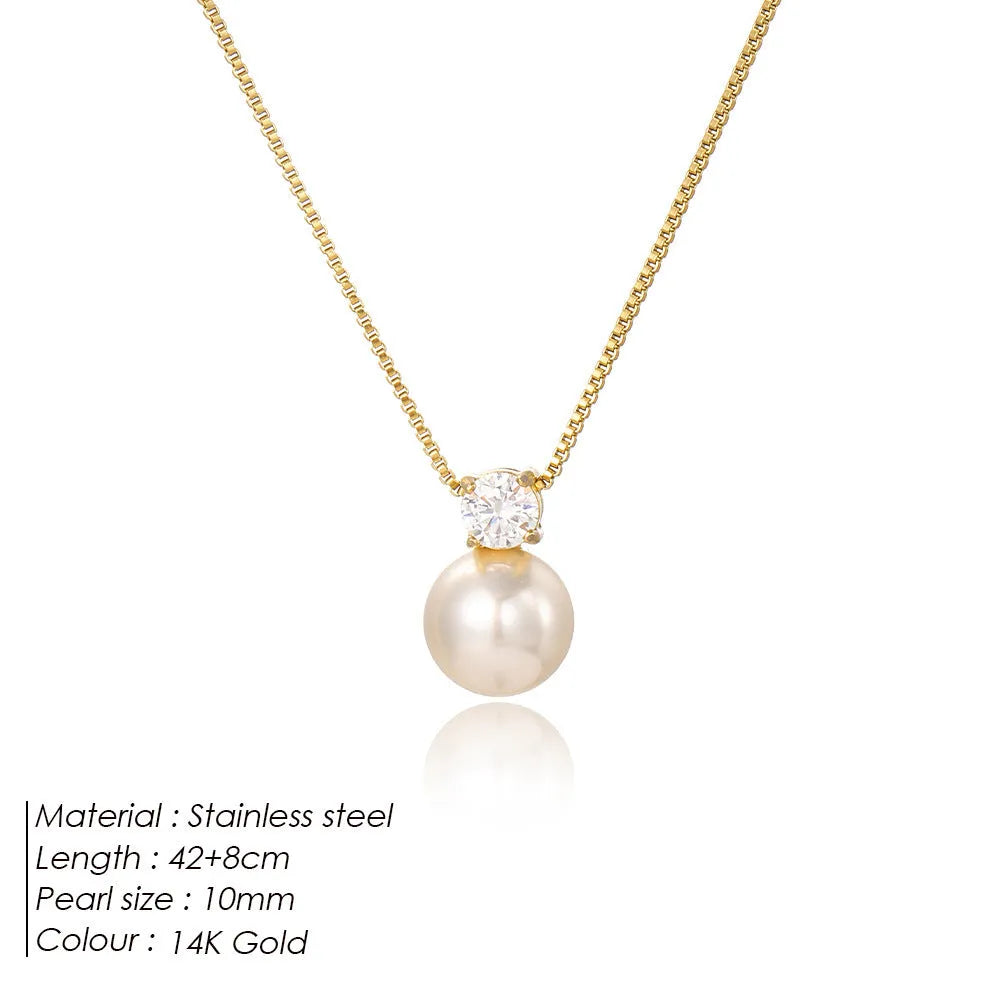 Women's stainless steel necklace with imitation pearl pendant and zircon accents