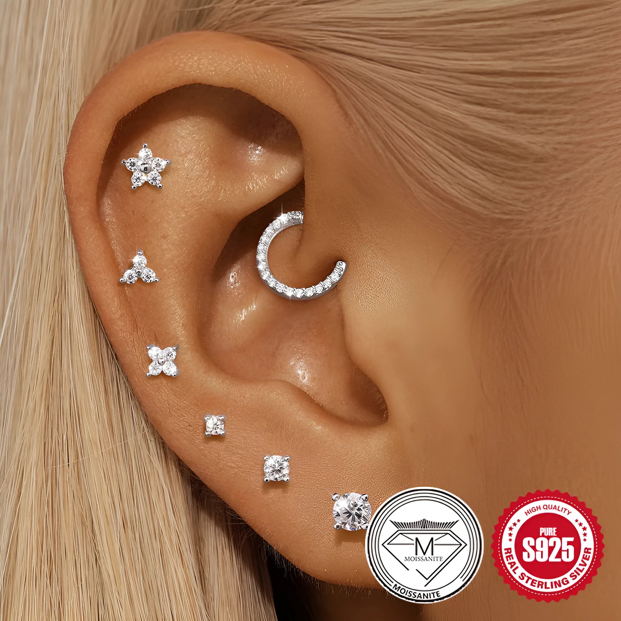 Sterling silver S925 stud earrings with platinum finish showing geometric petal designs in round, triangle, and multi-petal shapes