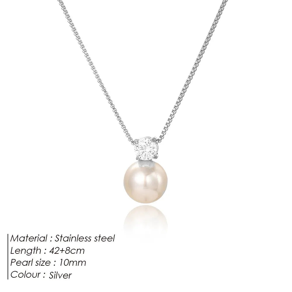 Women's stainless steel necklace with imitation pearl pendant and zircon accents