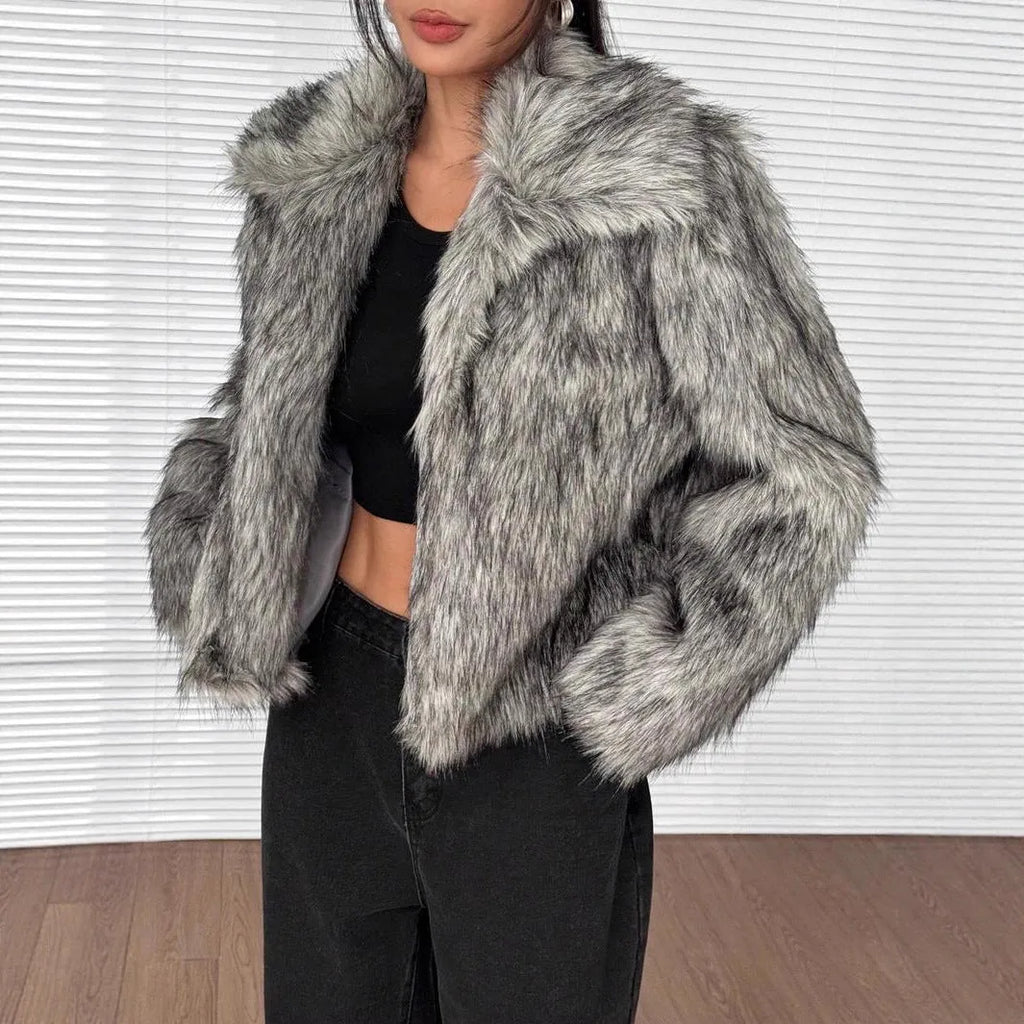 Artificial fur coat with fur collar and long sleeves in multiple colour options