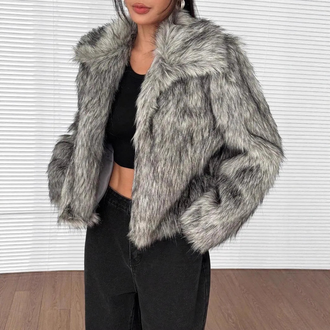 Artificial fur coat with fur collar and long sleeves in multiple colour options