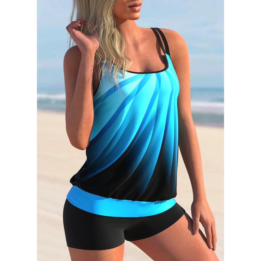 Plus size women's swimsuit set with strap top and shorts in butterfly print pattern