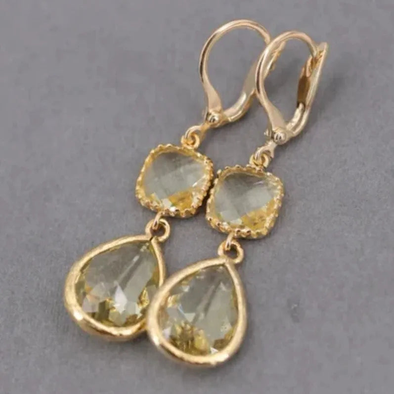 Gold retro geometric earrings with long crystal fringe and water droplet design