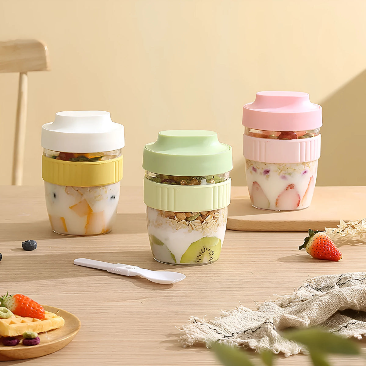 Plastic breakfast salad cup with lid and spoon in green, purple, pink or white colour