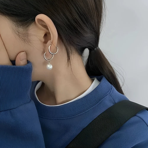 Women's alloy geometric pearl earrings with titanium steel posts