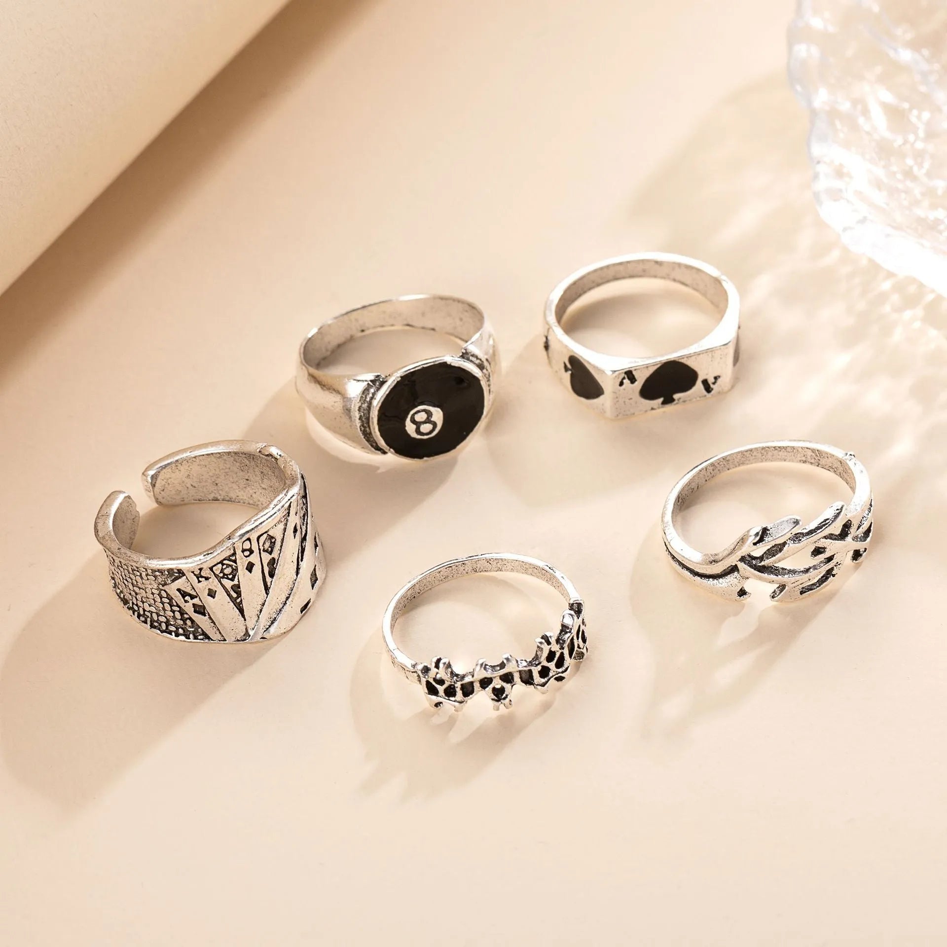 Black alloy poker ring with retro spade card design for female wearers
