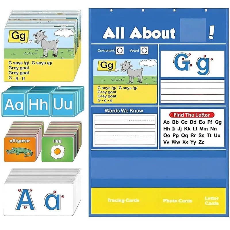 Alphabet learning chart with 156 educational cards arranged on 60x40cm surface
