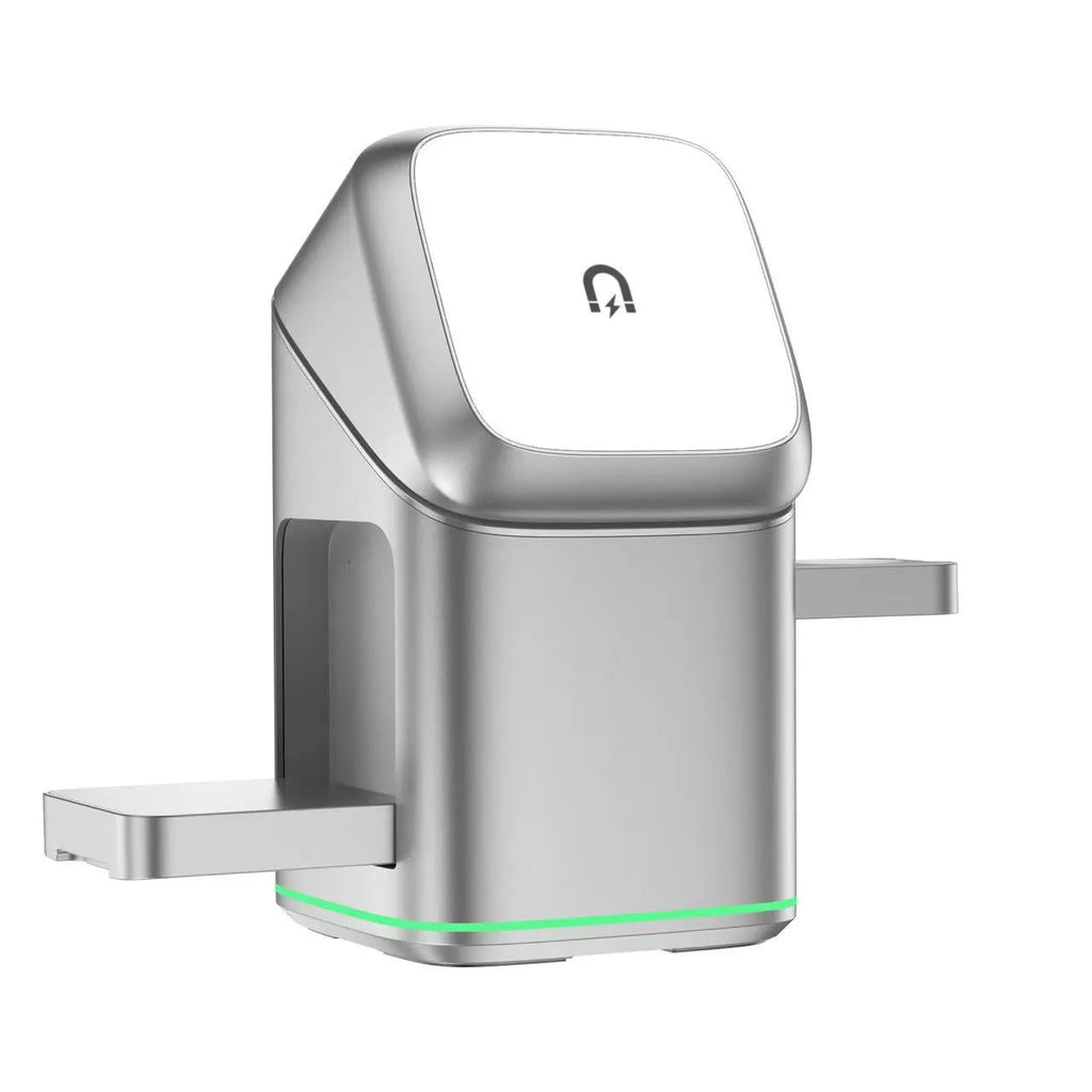 Black magnetic wireless phone charging stand showing 180-degree rotation on a desk