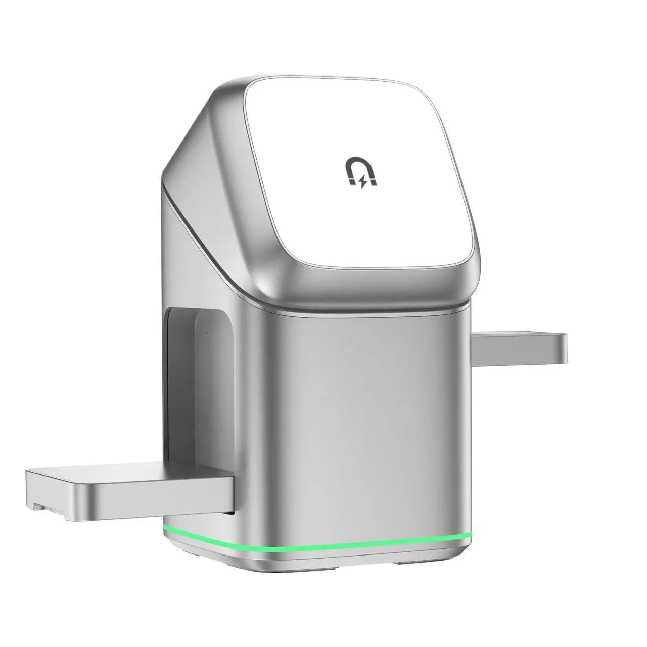 Black magnetic wireless phone charging stand showing 180-degree rotation on a desk