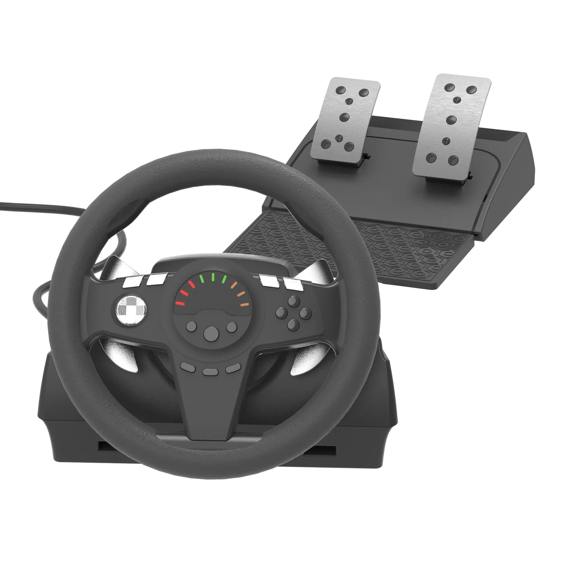 Black USB steering wheel controller with two pedals and desk mounting bracket for PC and console gaming