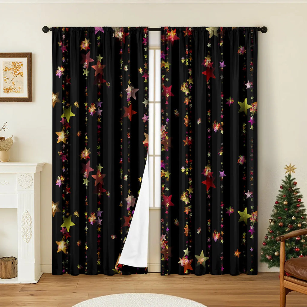 A pair of 3D digitally printed Christmas theme curtains hanging on a window, showcasing one of fifteen available European colour and pattern styles.