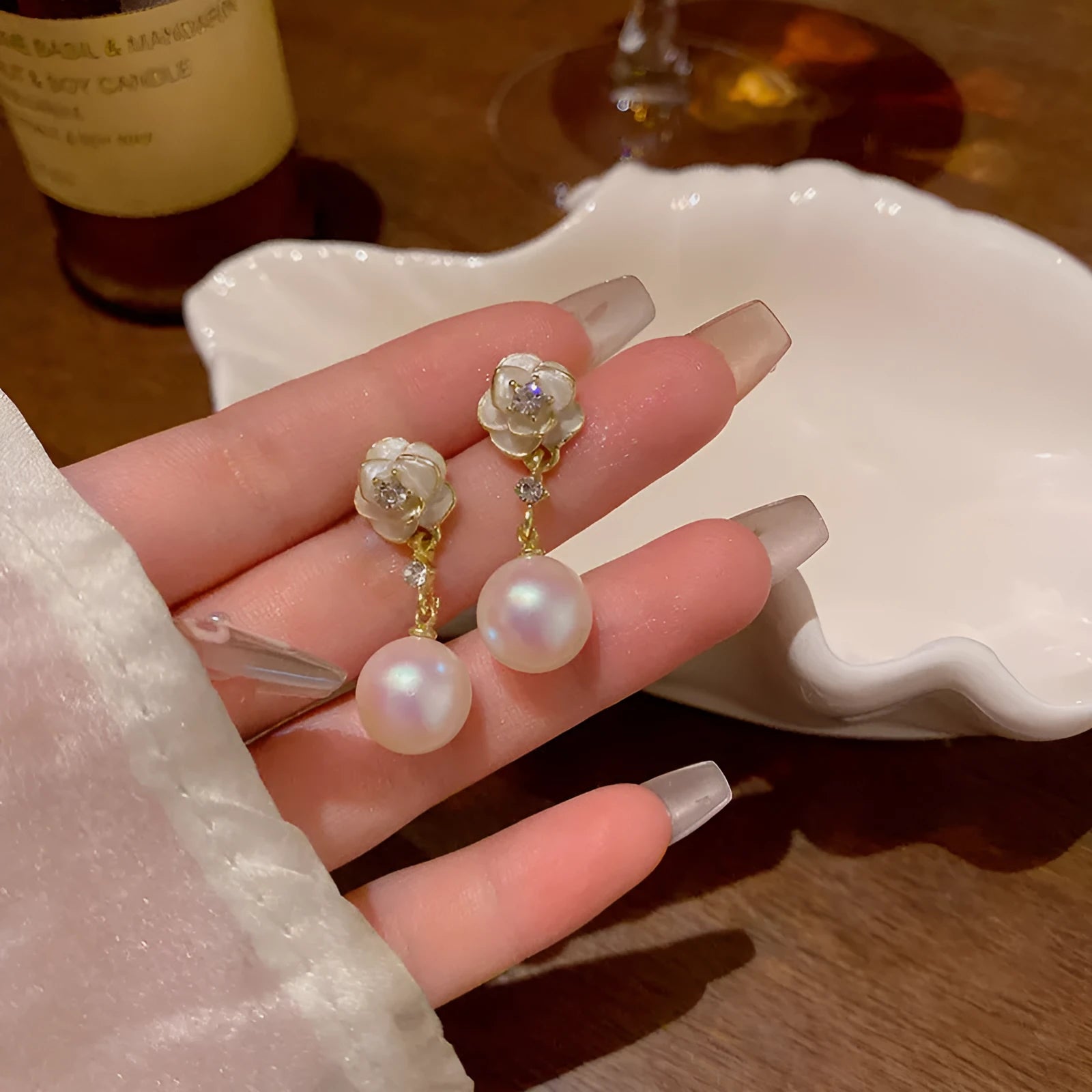 Camellia pearl flower stud earrings with alloy floral design for women