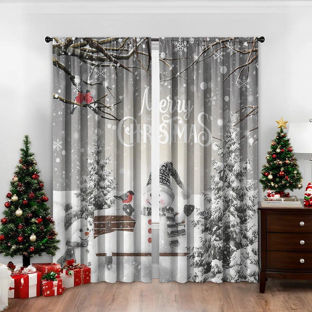Pair of 3D digitally printed modern Christmas curtains hanging on a window.