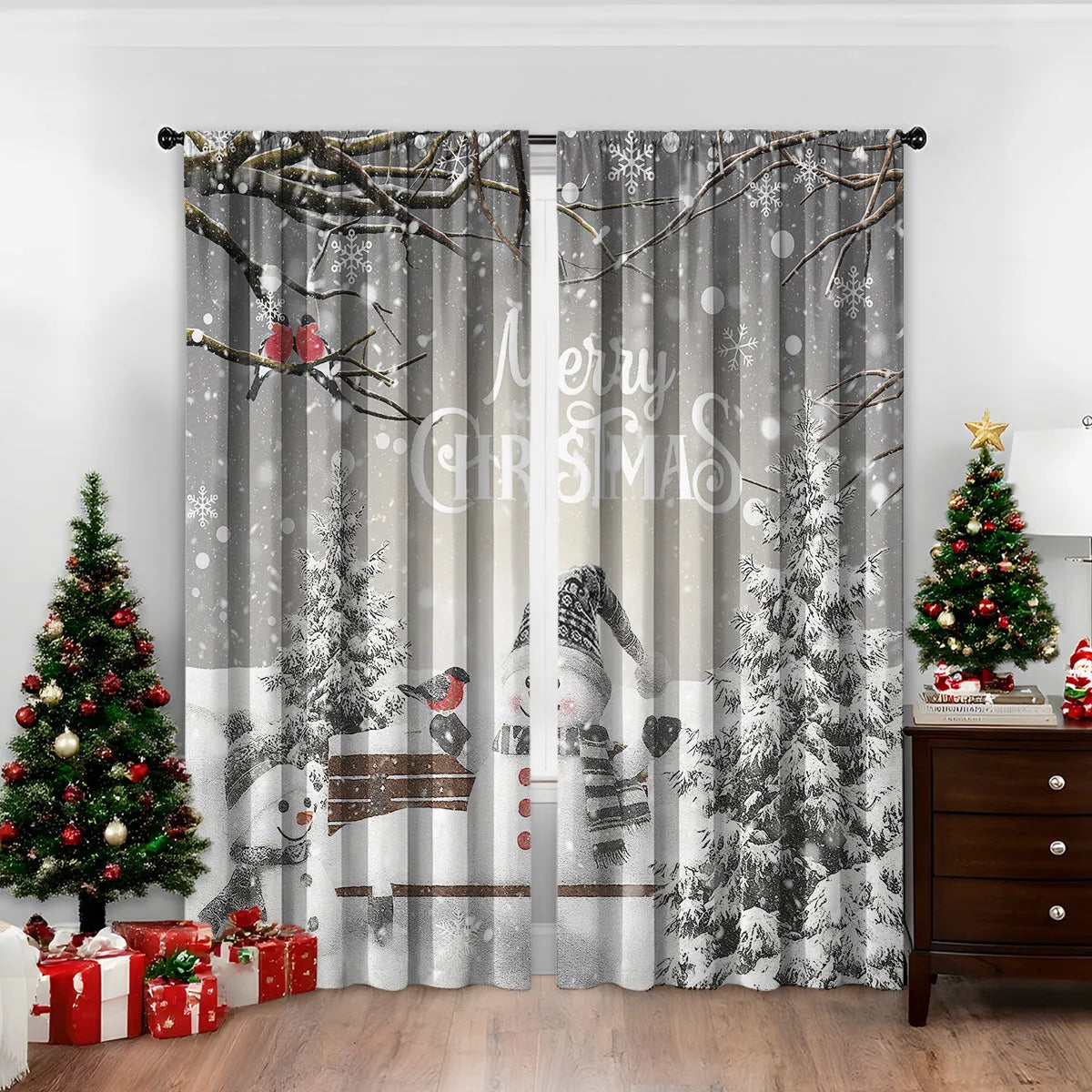 Pair of 3D digitally printed modern Christmas curtains hanging on a window.