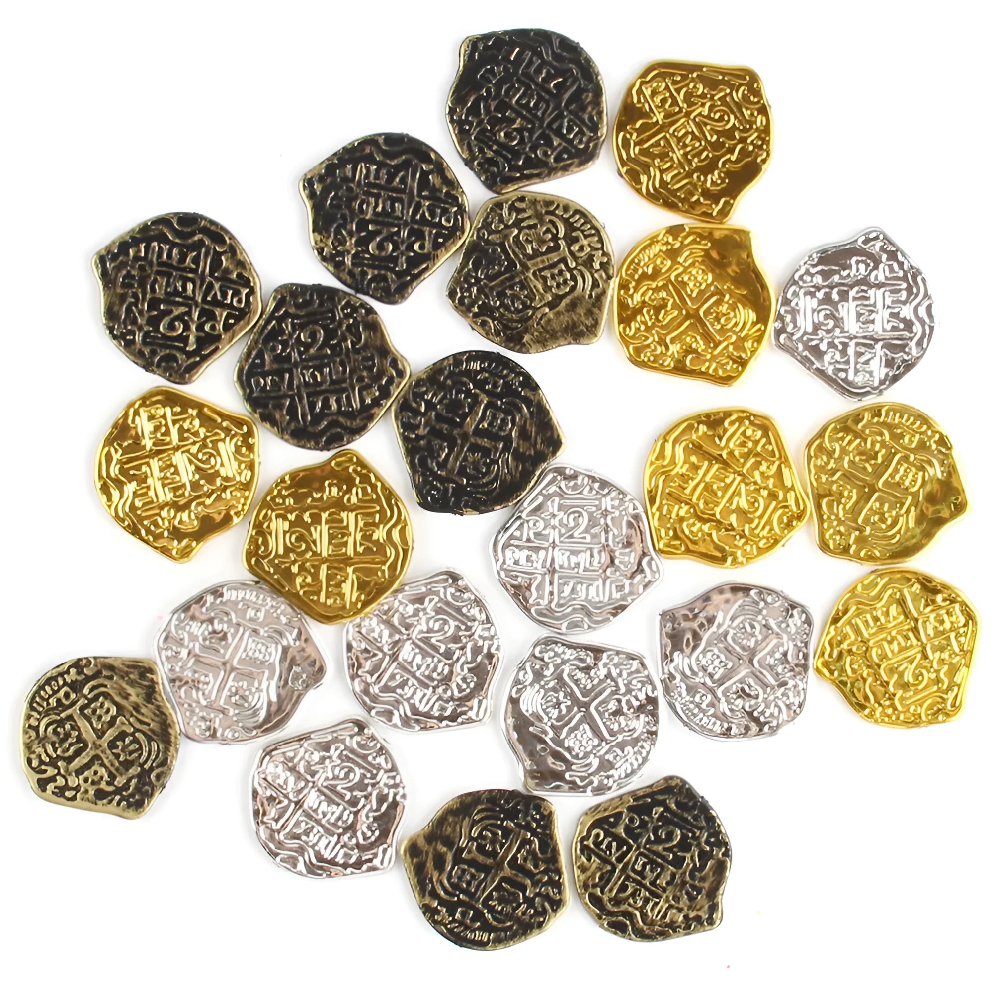 Set of plastic Roman pirate coins with electroplated metallic finish in gold, silver, or bronze colour options.